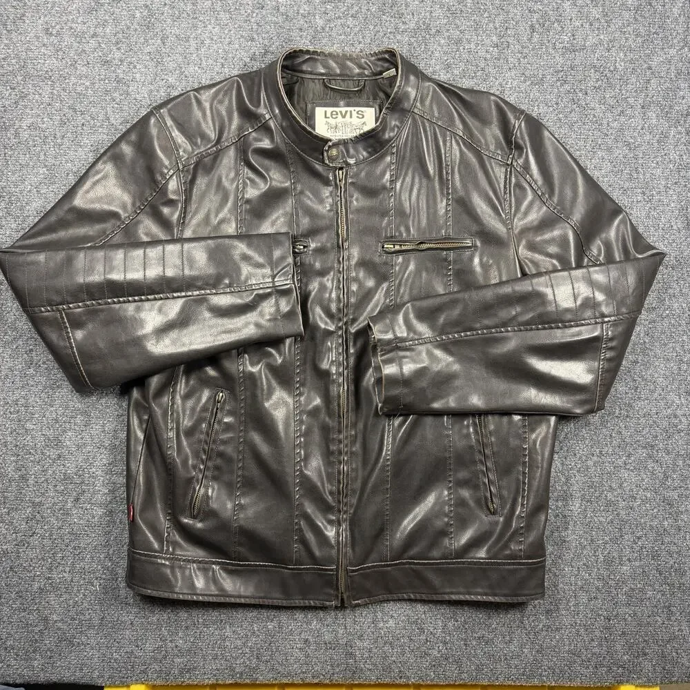 Levi’s Men’s Large Black Faux Leather Moto Jacket Full Zip Distressed Biker